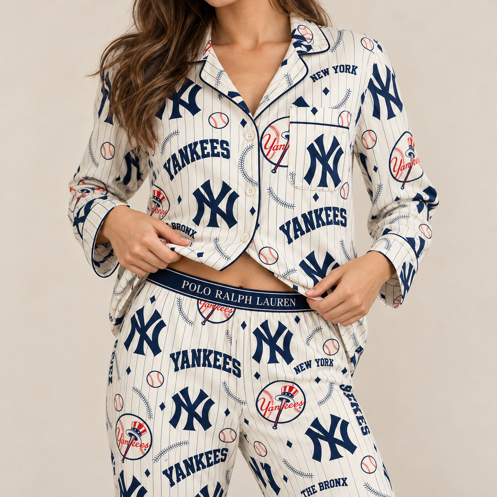 Premium NYY Women's Printed Button-Up Pajama Set HTTT