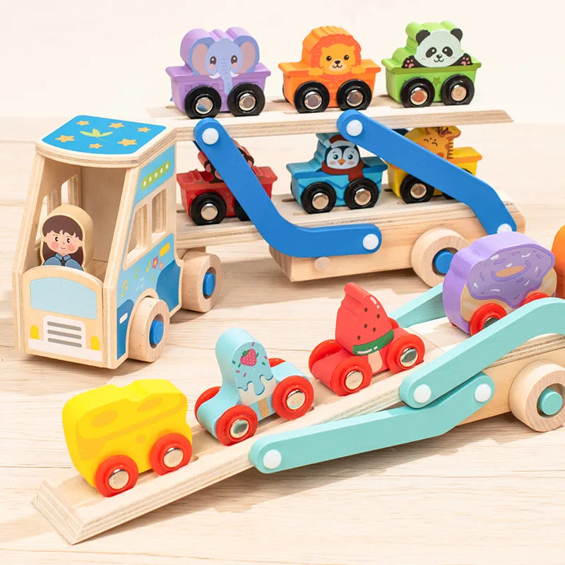 Wooden Double-Decker Truck Toddlers Cars Toys Train Montessori Kindergarten Animal Food Matching Early Educational Game 2-6years