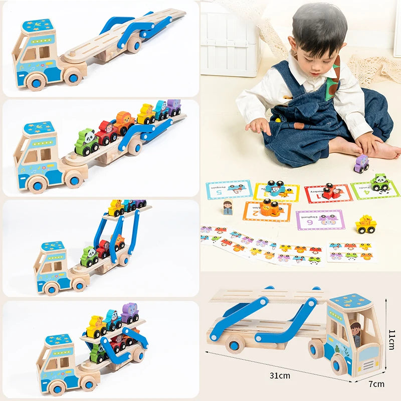 Wooden Double-Decker Truck Toddlers Cars Toys Train Montessori Kindergarten Animal Food Matching Early Educational Game 2-6years